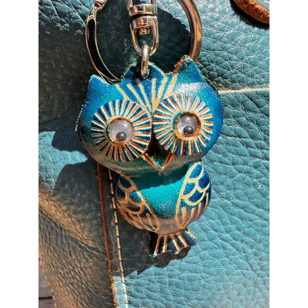 Genuine Leather Small Blue Owl Purse Charm Hand Painted Barn Owl Bag Charm
